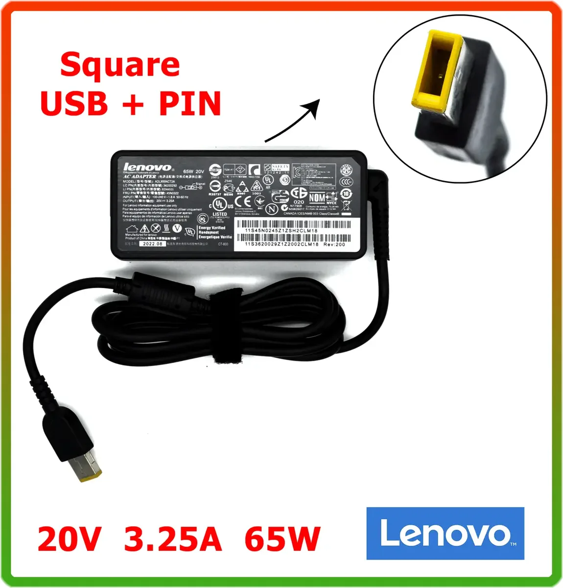 Блок живлення до ноутбука Lenovo 20V 3.25 A 65W (square USB+PIN)