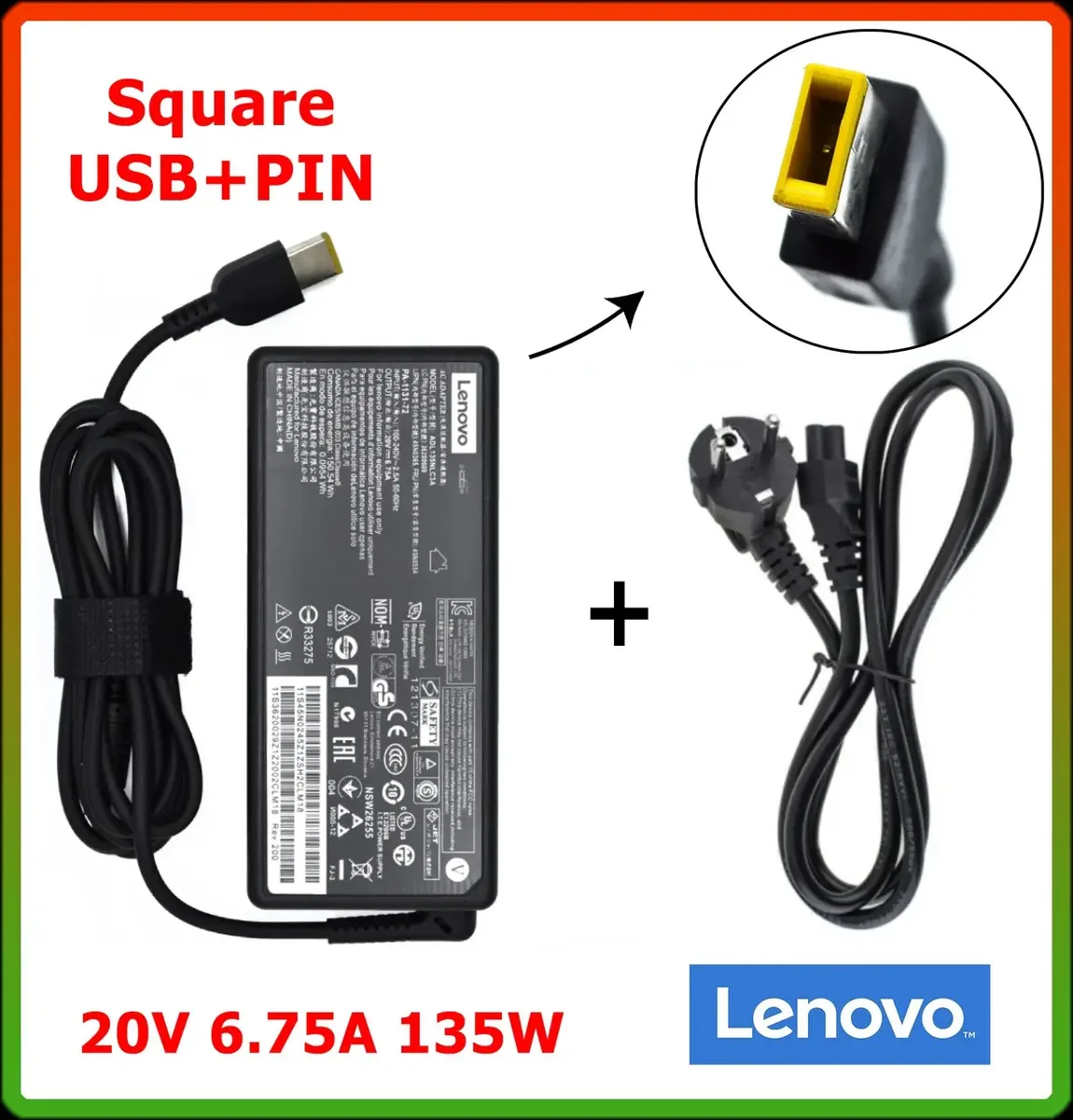 Блок живлення для ноутбука Lenovo 20V 6.75 A 135W (square USB+PIN) + кабель живлення